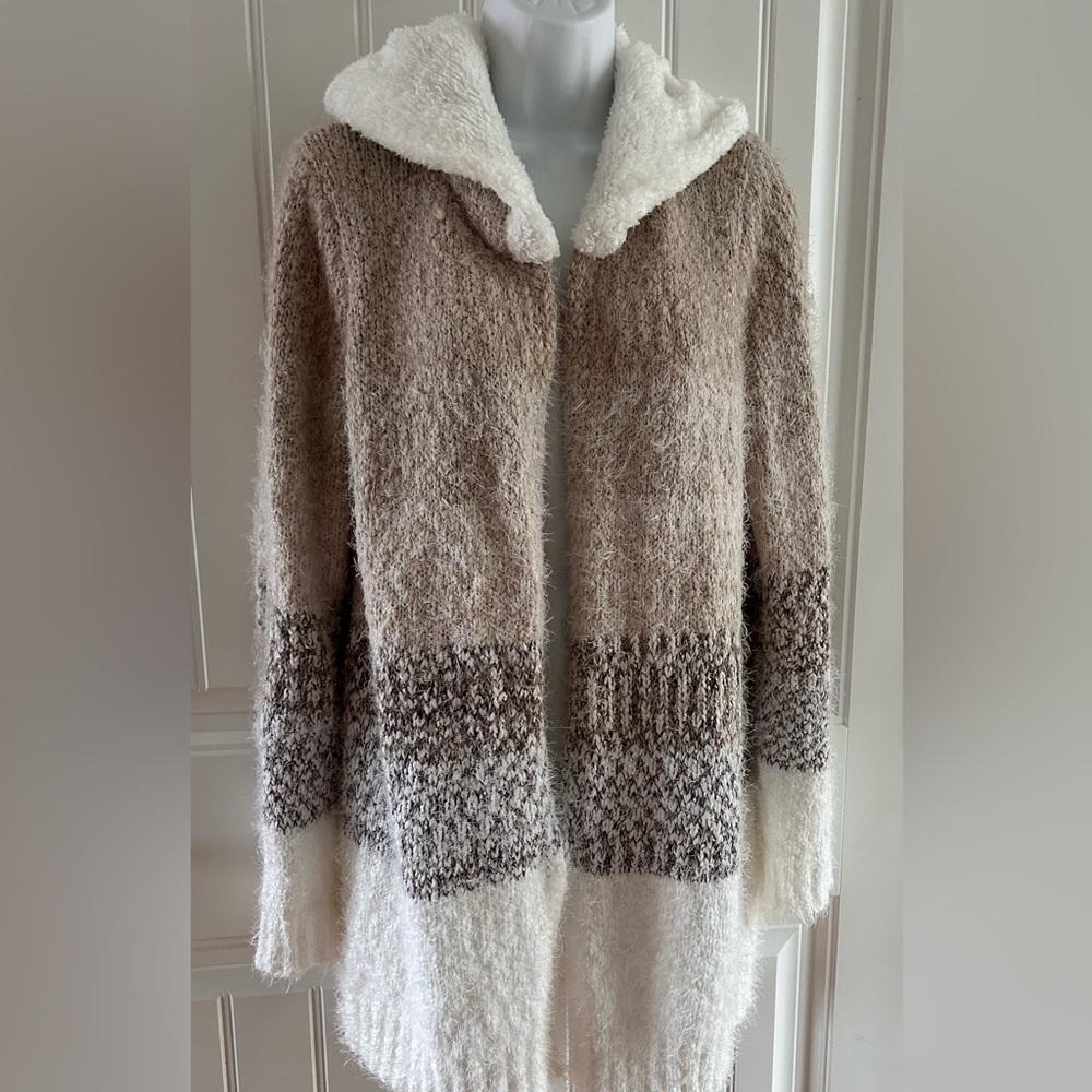 Cozy Hooded Women's Sweater - Cream Beige & Brown L Large